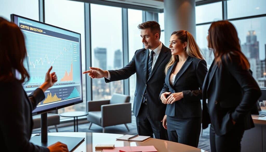 A visually engaging composition illustrating the importance of a crypto investment strategy, featuring a diverse group of professionals in smart business attire analyzing graphs and charts related to cryptocurrency on a digital screen. In the foreground, a confident woman points at rising investment trends, while a man gestures towards a complex blockchain diagram. The middle ground includes a modern office setting, with sleek furniture and glowing screens displaying charts and market data. The background captures a city skyline through large windows, hinting at a futuristic vibe. The lighting is bright and professional, creating an atmosphere of motivation and opportunity, with a slight depth of field to enhance focus on the subjects. A visually engaging composition illustrating the importance of a crypto investment strategy, featuring a diverse group of professionals in smart business attire analyzing graphs and charts related to cryptocurrency on a digital screen. In the foreground, a confident woman points at rising investment trends, while a man gestures towards a complex blockchain diagram. The middle ground includes a modern office setting, with sleek furniture and glowing screens displaying charts and market data. The background captures a city skyline through large windows, hinting at a futuristic vibe. The lighting is bright and professional, creating an atmosphere of motivation and opportunity, with a slight depth of field to enhance focus on the subjects.
