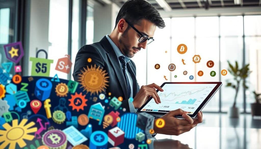 A visually engaging depiction of NFTs and their unique tax characteristics: in the foreground, a digital art piece showcasing various distinctive NFT artworks, such as vibrant, abstract designs and collectible animations, subtly blending with traditional financial symbols like dollar signs and tax forms. In the middle ground, a professional figure in business attire thoughtfully analyzing a digital tablet filled with NFT market charts and graphs, surrounded by floating digital icons representing cryptocurrencies. The background features a sleek, modern office setting, with large windows allowing natural light to flood in, creating a bright and optimistic atmosphere. Use a wide-angle lens to capture the depth of the space while focusing on the interplay of technology and finance, conveying the innovative essence of the NFT market and its implications for taxation.