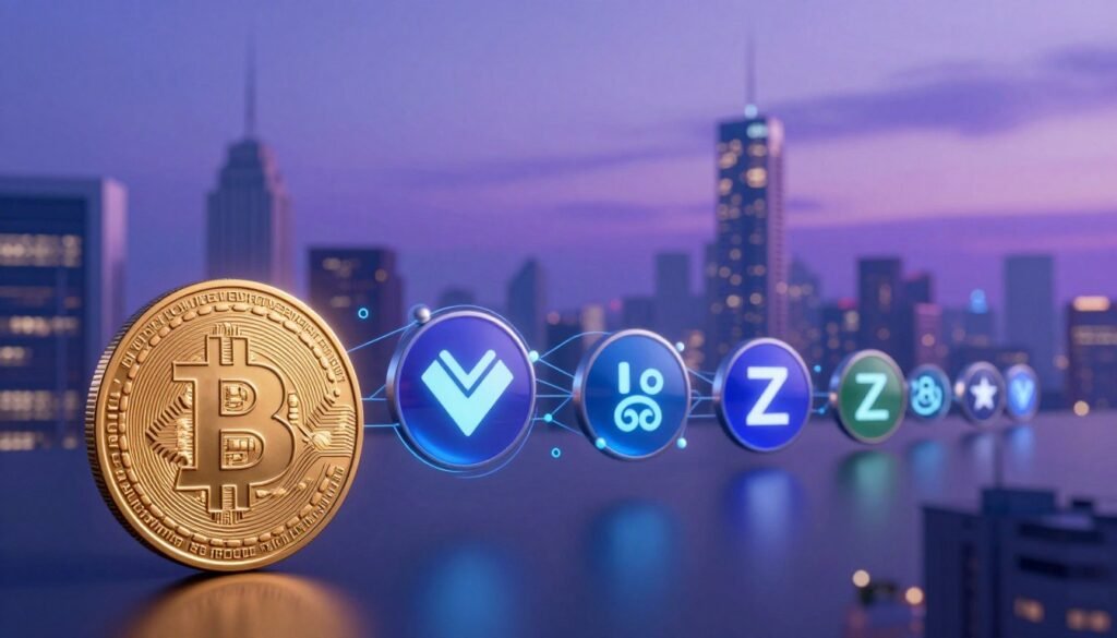 A visually engaging depiction of the evolution of privacy coins, showcasing a timeline that stretches from Bitcoin in the foreground to modern privacy coins like Monero and Zcash in the background. The foreground features a stylized, digital representation of Bitcoin, with its iconic logo glowing softly in the light. In the middle, Monero and Zcash icons emerge, surrounded by abstract representations of blockchain technology, characterized by interconnected lines and nodes. The background is filled with a futuristic cityscape, bathed in twilight with soft purples and blues, symbolizing a technologically advanced future. The overall mood is one of innovation and security, illuminated by subtle lighting effects that create a sense of depth and progression. Use a wide angle lens to capture the breadth of this evolution, ensuring a clean, professional aesthetic with no text or signatures present.