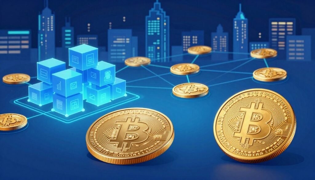 A visually engaging educational illustration depicting the key characteristics of crypto tokens versus coins. In the foreground, a digital coin and a token represented by unique, visually distinct designs, showcasing features like smart contracts and decentralization. The middle ground includes stylized graphical elements, such as blockchain structures and network lines connecting various coins and tokens, emphasizing their relationships. In the background, a futuristic city skyline lit by glowing neon lights, suggesting technology and innovation. The scene is brightly illuminated with a cool color palette, evoking a sense of modernity and clarity. The angle is slightly tilted for a dynamic perspective, emphasizing depth, while the overall mood is informative and professional, ideal for an educational context.