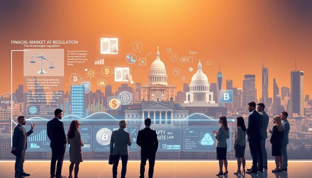 A visually engaging illustration depicting historical trends in financial market regulation, focusing on the evolution of AI and cryptocurrency oversight. In the foreground, a diverse group of professionals in business attire are gathered around a large interactive digital screen showcasing a timeline of regulatory changes, with holographic graphics representing key laws and events. In the middle, iconic images of crypto coins, legal documents, and governmental buildings symbolizing regulatory bodies are intertwined with data charts and graphs. The background features a futuristic city skyline, hinting at advancements in technology and finance. Soft, warm lighting casts an inviting glow on the scene, creating a sense of optimism about the future of regulation. The mood is professional and informative, designed to illustrate the complex interplay of technology and regulation in the financial sector. A visually engaging illustration depicting historical trends in financial market regulation, focusing on the evolution of AI and cryptocurrency oversight. In the foreground, a diverse group of professionals in business attire are gathered around a large interactive digital screen showcasing a timeline of regulatory changes, with holographic graphics representing key laws and events. In the middle, iconic images of crypto coins, legal documents, and governmental buildings symbolizing regulatory bodies are intertwined with data charts and graphs. The background features a futuristic city skyline, hinting at advancements in technology and finance. Soft, warm lighting casts an inviting glow on the scene, creating a sense of optimism about the future of regulation. The mood is professional and informative, designed to illustrate the complex interplay of technology and regulation in the financial sector.