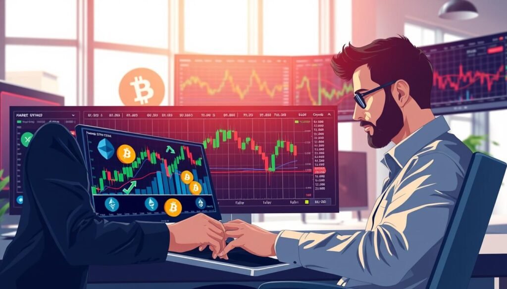 A visually engaging illustration depicting the concept of crypto swing trading. In the foreground, a professional trader, dressed in smart casual attire, analyzes financial charts on a laptop, showcasing candlestick patterns and crypto indicators. In the middle ground, vibrant graphics of popular cryptocurrencies like Bitcoin and Ethereum rise and fall on a digital display, symbolizing market volatility. The background features a sleek, modern office environment with large screens displaying trend lines and market data, bathed in soft, natural light filtering through a window. The overall mood should be dynamic and focused, emphasizing the excitement and strategy involved in swing trading in the cryptocurrency market.
