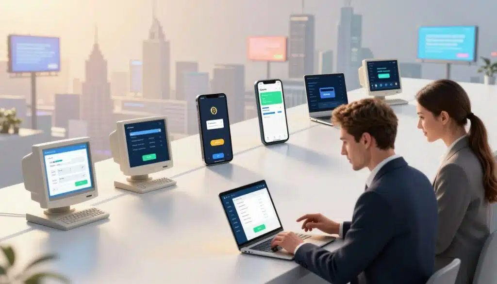 A visually engaging illustration depicting the evolution of crypto on-ramps through a timeline concept. In the foreground, a professional male and female duo, dressed in smart business attire, interact with modern digital devices displaying cryptocurrency exchange interfaces. In the middle layer, an array of historical on-ramps, from early computer screens with simple transaction interfaces to sleek modern platforms, showcasing different payment methods like credit cards and mobile wallets. The background features a futuristic city skyline with digital billboards, implying growth and innovation in technology. Soft, uplifting lighting casts a warm glow over the scene, highlighting the journey from past to present, creating an atmosphere of progress and optimism in the world of finance. The perspective is slightly angled to provide depth and context to the evolution depicted.