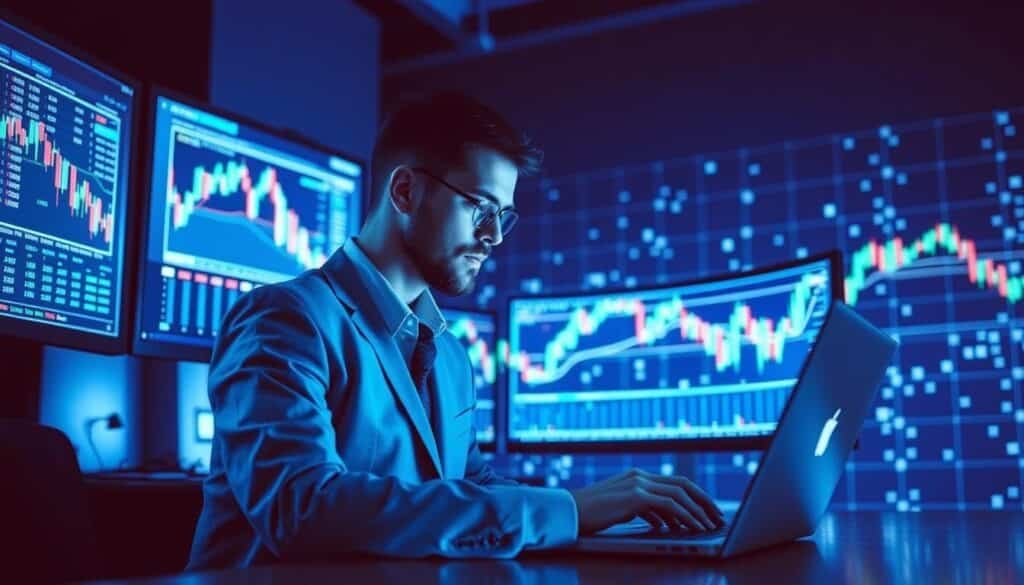 A visually engaging illustration of "Introduction to Crypto Range Trading." In the foreground, a professional trader in business attire analyzes data on a sleek laptop, surrounded by cryptocurrency charts displayed on multiple monitors. The middle ground features dynamic candlestick graphs showing price fluctuations, emphasizing the concept of range trading. In the background, an abstract digital grid representing blockchain technology glows softly, creating a modern tech atmosphere. The scene is illuminated by a cool blue light, creating a focused and analytical mood. The camera angle is slightly above eye level, capturing the intricate details of the trading setup while maintaining a sense of professionalism and expertise.