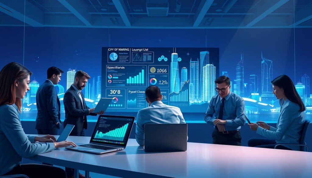 A visually engaging illustration of cryptocurrency staking fundamentals, showcasing a modern digital environment. In the foreground, a diverse group of professionals in business attire collaborates around a sleek table with laptops displaying charts and graphs related to cryptocurrency staking. The middle ground features a large digital screen with animated infographics highlighting key staking metrics and data visualizations. In the background, a futuristic city skyline glows under dynamic blue and green lighting, symbolizing the tech-driven financial landscape. Soft light enhances the atmosphere, creating a sense of excitement and innovation. The overall mood should be professional, educational, and forward-looking, emphasizing the transformative potential of cryptocurrency staking in the modern economy. A visually engaging illustration of cryptocurrency staking fundamentals, showcasing a modern digital environment. In the foreground, a diverse group of professionals in business attire collaborates around a sleek table with laptops displaying charts and graphs related to cryptocurrency staking. The middle ground features a large digital screen with animated infographics highlighting key staking metrics and data visualizations. In the background, a futuristic city skyline glows under dynamic blue and green lighting, symbolizing the tech-driven financial landscape. Soft light enhances the atmosphere, creating a sense of excitement and innovation. The overall mood should be professional, educational, and forward-looking, emphasizing the transformative potential of cryptocurrency staking in the modern economy.