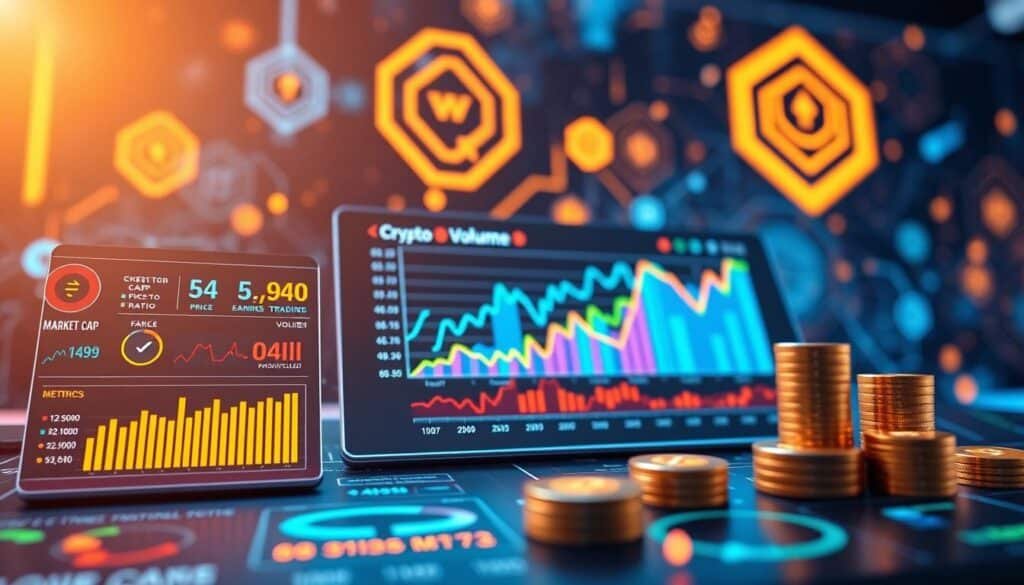 A visually engaging infographic illustrating "crypto valuation metrics," featuring a futuristic, digital interface. In the foreground, detailed graphical representations of key metrics such as market cap, price-to-earnings ratio, and trading volume, arranged in an easy-to-understand layout. The middle layer includes a stylized dashboard with colorful graphs and charts, showcasing upward trends and fluctuations. In the background, abstract representations of blockchain technology, with glowing circuit patterns and virtual coins, creating a tech-savvy atmosphere. The lighting is bright and optimistic, illuminating the metrics. Capture the mood of exploration and insight into the crypto market, using a sharp focus from an angled perspective that emphasizes clarity and vibrancy.