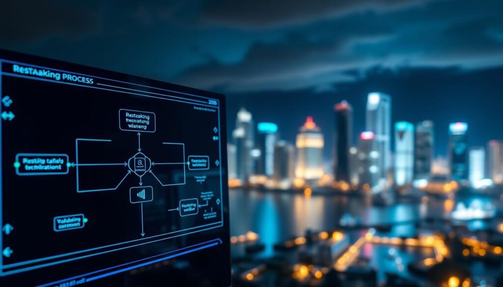 A visually engaging infographic illustrating the "restaking process steps" in blockchain for 2026. In the foreground, depict a sleek digital interface showing a flowchart with interconnected nodes representing different steps of restaking, highlighted with vibrant colors like blue and green. In the middle, include subtle icons of blockchain technology, such as chains, coins, and validators, arranged harmoniously to suggest interaction and movement. The background should feature a luminous city skyline, symbolizing technological advancement, with a night sky illuminated by soft, glowing lights. Use a soft-focus lens effect to emphasize the foreground elements but keep the entire scene well-lit and professional. The overall mood should be optimistic and futuristic, conveying the potential of blockchain technology in 2026 without any text or additional elements. A visually engaging infographic illustrating the "restaking process steps" in blockchain for 2026. In the foreground, depict a sleek digital interface showing a flowchart with interconnected nodes representing different steps of restaking, highlighted with vibrant colors like blue and green. In the middle, include subtle icons of blockchain technology, such as chains, coins, and validators, arranged harmoniously to suggest interaction and movement. The background should feature a luminous city skyline, symbolizing technological advancement, with a night sky illuminated by soft, glowing lights. Use a soft-focus lens effect to emphasize the foreground elements but keep the entire scene well-lit and professional. The overall mood should be optimistic and futuristic, conveying the potential of blockchain technology in 2026 without any text or additional elements.
