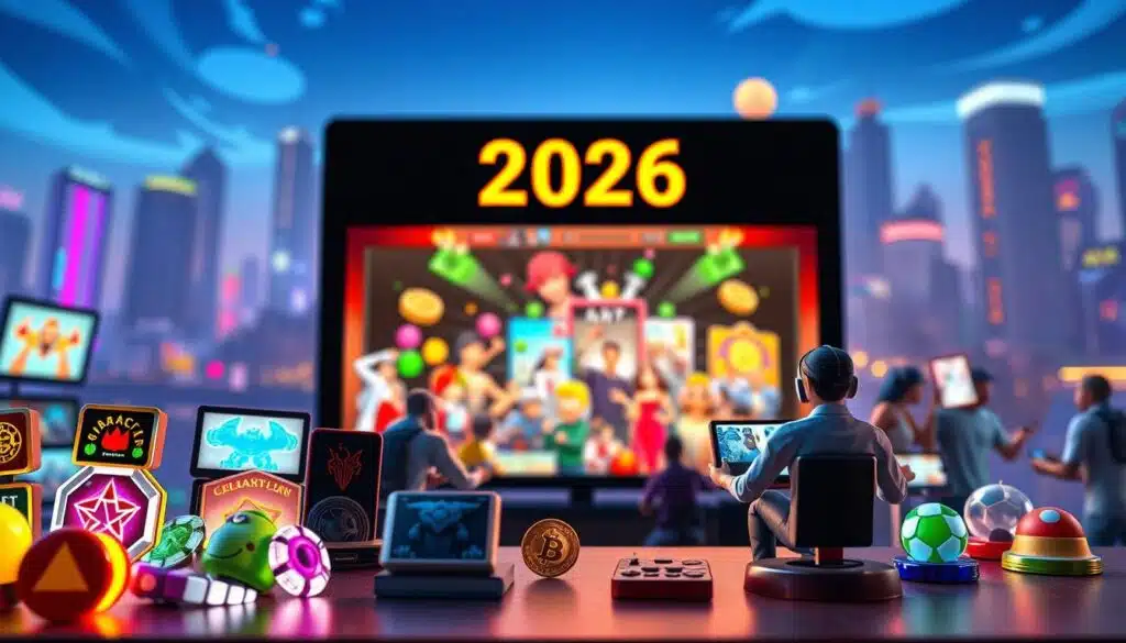 A visually engaging overview of NFT gaming categories in 2026. In the foreground, display vibrant icons representing various game types: play-to-earn, blockchain collectibles, and competitive gaming. The middle layer features a stylized gaming environment with colorful characters engaged in diverse gameplay, showcasing moments of excitement and strategy. The background should display a futuristic cityscape, symbolizing technological advancements in gaming. Incorporate soft, dynamic lighting to create an energetic atmosphere, emphasizing innovation and opportunity. Use an angled perspective to draw the viewer’s eye toward the gaming icons and characters, inviting exploration. The overall mood should be optimistic and forward-thinking, reflecting the evolving landscape of NFT gaming with real money rewards. A visually engaging overview of NFT gaming categories in 2026. In the foreground, display vibrant icons representing various game types: play-to-earn, blockchain collectibles, and competitive gaming. The middle layer features a stylized gaming environment with colorful characters engaged in diverse gameplay, showcasing moments of excitement and strategy. The background should display a futuristic cityscape, symbolizing technological advancements in gaming. Incorporate soft, dynamic lighting to create an energetic atmosphere, emphasizing innovation and opportunity. Use an angled perspective to draw the viewer’s eye toward the gaming icons and characters, inviting exploration. The overall mood should be optimistic and forward-thinking, reflecting the evolving landscape of NFT gaming with real money rewards.