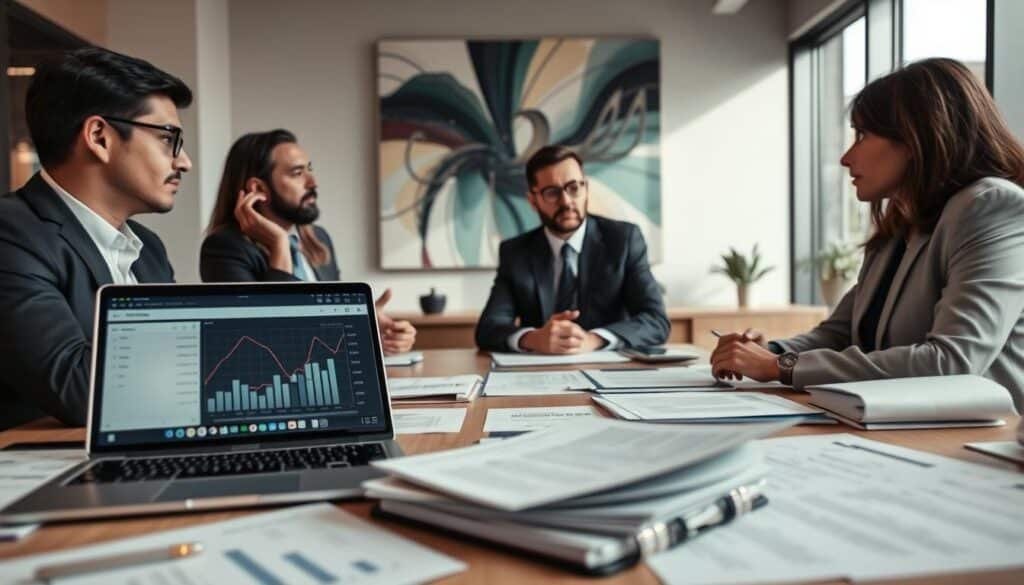 A visually engaging overview of digital asset taxation focused on NFTs in the United States. In the foreground, a well-organized desk with financial documents, charts, and a laptop displaying an NFT marketplace. In the middle, a diverse group of professionals in business attire discussing digital assets and taxation strategies, with thoughtful expressions and gestures. The background features a modern office with large windows, soft natural light filtering through, accented by abstract art that represents technology and finance. Utilize a slight depth of field to emphasize the group while keeping the desk details clear. The mood is professional and informative, capturing the essence of evolving tax regulations.