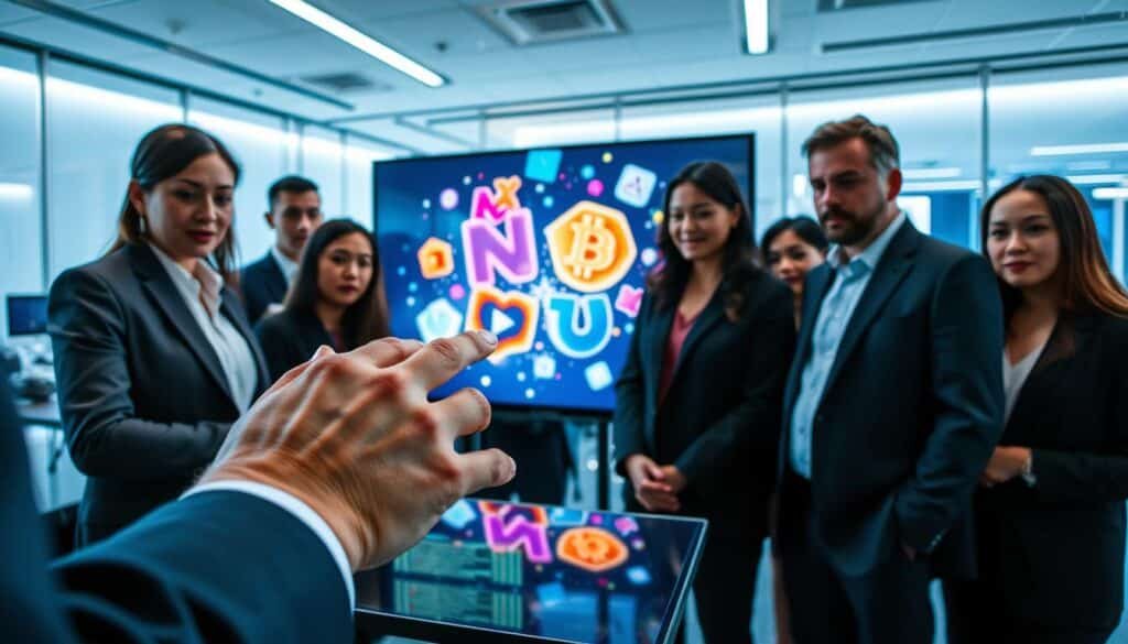 A visually engaging representation of NFT reveal mechanics, featuring a diverse group of professionals in business attire gathered around a large digital screen displaying dynamic NFT artwork. In the foreground, a close-up of hands interacting with touch-sensitive technology, demonstrating the mechanics of an NFT reveal. The middle ground showcases the animated screen with colorful, abstract NFT designs transitioning from hidden to revealed states, with subtle sparkles to enhance the unveiling effect. The background features a modern tech office environment with soft blue and white lighting, casting a collaborative and innovative atmosphere. Camera angle: slightly above eye level to capture the professionals’ engaged expressions as they discuss the reveal mechanics. The overall mood is focused and enlightening, suitable for an educational context.