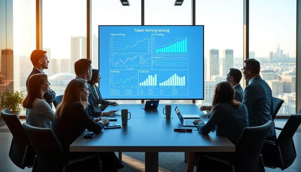 A visually engaging representation of "The Fundamentals of Token Vesting," featuring a modern office setting in the foreground, where a diverse group of professionals in business attire are engaged in a brainstorming session around a sleek conference table. In the middle, digital graphs and charts illustrating token vesting schedules and strategies are projected on a large screen, glowing with a soft blue light. The background features a large window with a cityscape view, bathed in warm, natural sunlight, creating an optimistic atmosphere. The composition should convey a sense of collaboration and innovation, with emphasis on technology and finance, captured from a slightly elevated angle to provide depth. The lighting should be bright and inviting, enhancing the focus on the digital assets theme. A visually engaging representation of "The Fundamentals of Token Vesting," featuring a modern office setting in the foreground, where a diverse group of professionals in business attire are engaged in a brainstorming session around a sleek conference table. In the middle, digital graphs and charts illustrating token vesting schedules and strategies are projected on a large screen, glowing with a soft blue light. The background features a large window with a cityscape view, bathed in warm, natural sunlight, creating an optimistic atmosphere. The composition should convey a sense of collaboration and innovation, with emphasis on technology and finance, captured from a slightly elevated angle to provide depth. The lighting should be bright and inviting, enhancing the focus on the digital assets theme.