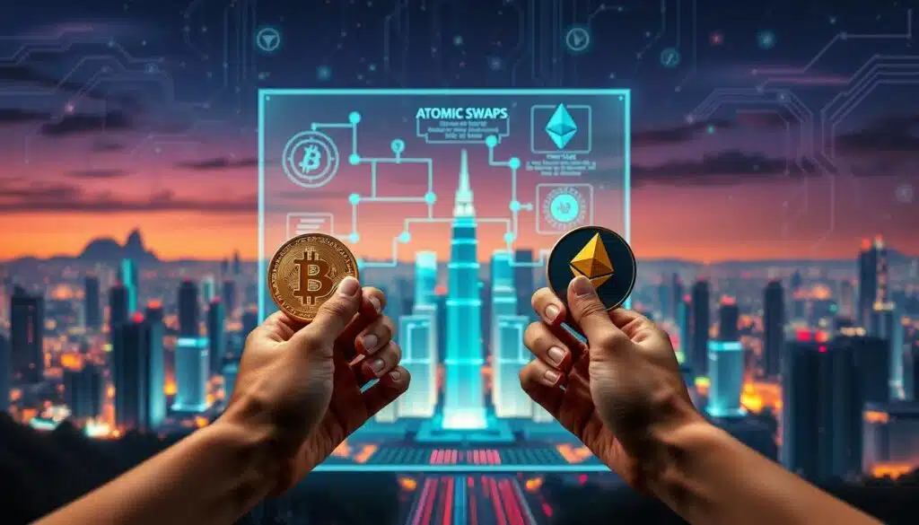 A visually engaging representation of "atomic swaps" in the cryptocurrency world, showcasing a futuristic digital landscape. In the foreground, two hands – one holding a Bitcoin token and the other holding an Ethereum token – are reaching towards each other, symbolizing the exchange. In the middle ground, a holographic interface displays interconnected nodes and transaction flow diagrams, illustrating the technical aspects of atomic swaps. The background features a vibrant cityscape filled with stylized blockchain skyscrapers and glowing circuit patterns, set against a twilight sky illuminated with digital data streams. Soft, ambient lighting creates a high-tech atmosphere while enhancing the details of the tokens and interface elements, captured from a slightly elevated angle to emphasize depth and perspective. A visually engaging representation of "atomic swaps" in the cryptocurrency world, showcasing a futuristic digital landscape. In the foreground, two hands – one holding a Bitcoin token and the other holding an Ethereum token – are reaching towards each other, symbolizing the exchange. In the middle ground, a holographic interface displays interconnected nodes and transaction flow diagrams, illustrating the technical aspects of atomic swaps. The background features a vibrant cityscape filled with stylized blockchain skyscrapers and glowing circuit patterns, set against a twilight sky illuminated with digital data streams. Soft, ambient lighting creates a high-tech atmosphere while enhancing the details of the tokens and interface elements, captured from a slightly elevated angle to emphasize depth and perspective.