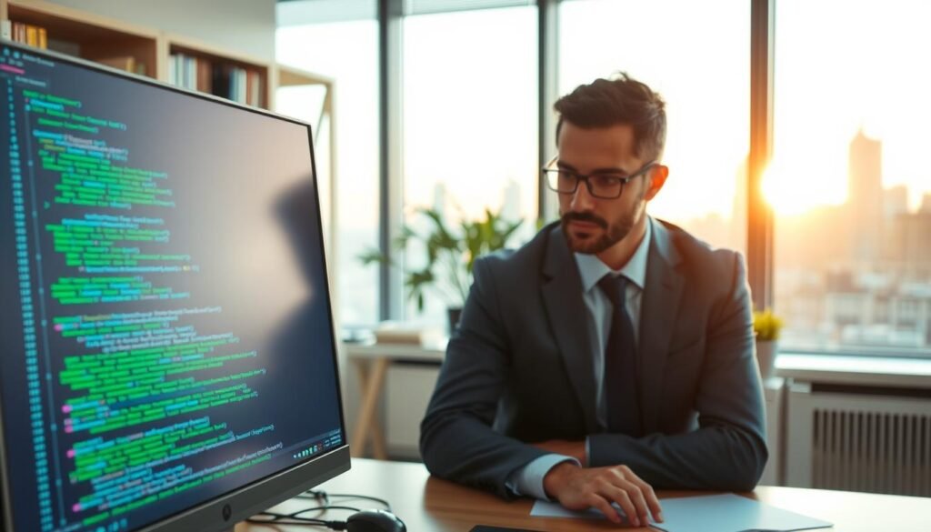 A visually engaging representation of "smart contract code verification." In the foreground, a computer screen displays abstract smart contract code in a modern IDE, highlighted by vibrant green and blue syntax highlighting. In the middle ground, a professional in business attire peers at the screen, their focused expression showcasing determination. The background features a softly blurred office environment with shelves of technical books and a window displaying a skyline bathed in golden hour sunlight. The overall atmosphere conveys a sense of innovation and clarity. Utilize soft, warm lighting to enhance the professionalism of the scene, with a wide-angle perspective to capture both the individual and the screen effectively. A visually engaging representation of "smart contract code verification." In the foreground, a computer screen displays abstract smart contract code in a modern IDE, highlighted by vibrant green and blue syntax highlighting. In the middle ground, a professional in business attire peers at the screen, their focused expression showcasing determination. The background features a softly blurred office environment with shelves of technical books and a window displaying a skyline bathed in golden hour sunlight. The overall atmosphere conveys a sense of innovation and clarity. Utilize soft, warm lighting to enhance the professionalism of the scene, with a wide-angle perspective to capture both the individual and the screen effectively.
