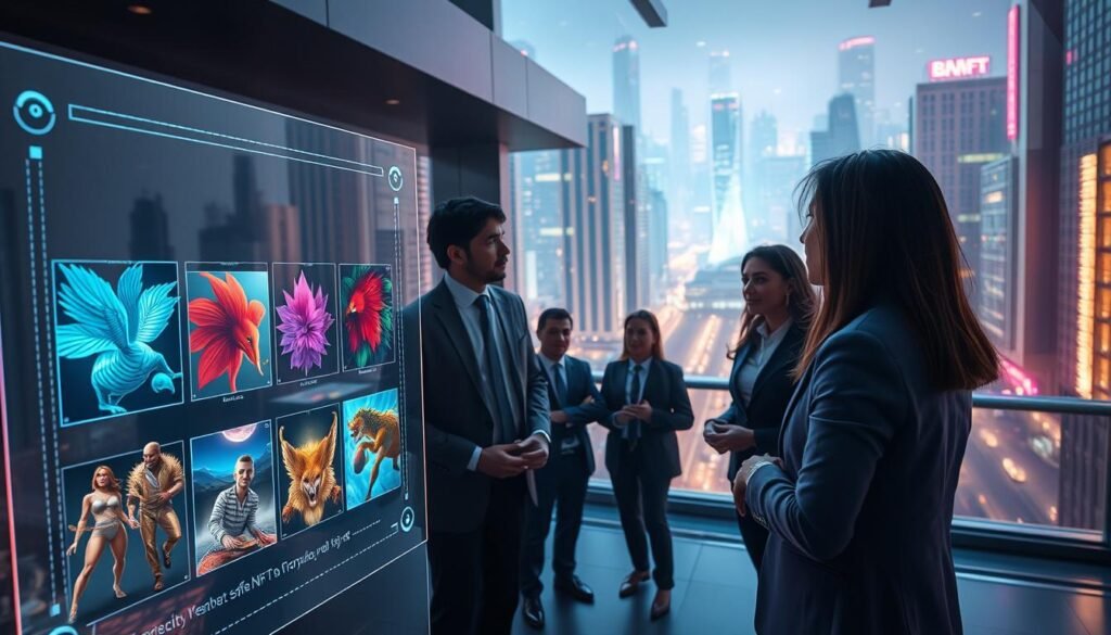A visually engaging scene depicting the dynamics of brand scarcity in the NFT market. In the foreground, a transparent digital screen displays a selection of vibrant, rare NFTs as holographic images, showcasing various art styles. In the middle ground, a diverse group of professionals in business attire observes the NFTs, discussing their values. The background features a futuristic cityscape, illuminated by soft neon lights, symbolizing the digital marketplace. Use a high-angle perspective to capture the engagement of the individuals. The overall lighting should have a moody, tech-inspired ambiance, contrasted by warm highlights on the NFT images to emphasize their rarity. The atmosphere should convey excitement and intrigue in the evolving world of digital assets. A visually engaging scene depicting the dynamics of brand scarcity in the NFT market. In the foreground, a transparent digital screen displays a selection of vibrant, rare NFTs as holographic images, showcasing various art styles. In the middle ground, a diverse group of professionals in business attire observes the NFTs, discussing their values. The background features a futuristic cityscape, illuminated by soft neon lights, symbolizing the digital marketplace. Use a high-angle perspective to capture the engagement of the individuals. The overall lighting should have a moody, tech-inspired ambiance, contrasted by warm highlights on the NFT images to emphasize their rarity. The atmosphere should convey excitement and intrigue in the evolving world of digital assets.