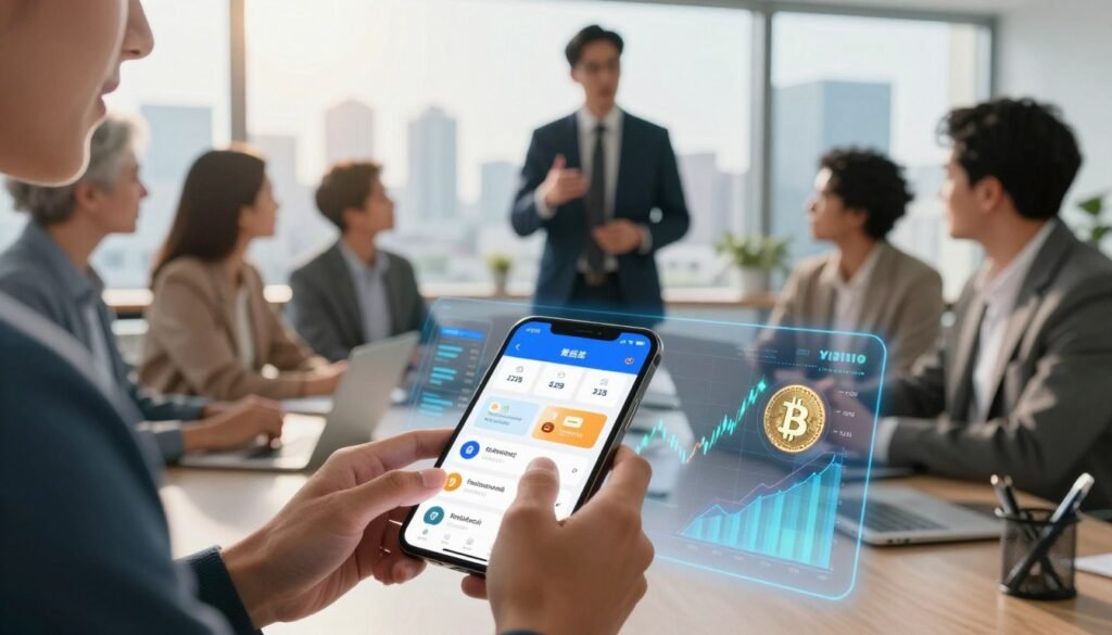 A visually engaging scene illustrating the benefits of investing in fractional Bitcoin. In the foreground, a close-up of a person's hands interacting with a digital device, showing a vibrant Bitcoin wallet app with diverse portfolio options, all set against a backdrop of sleek, modern financial graphics. In the middle ground, a confident professional, dressed in smart business attire, is discussing Bitcoin investments with a diverse group of attentive colleagues in a bright, contemporary office space. The background features large windows with a city skyline, symbolizing growth and opportunity. The lighting is bright and optimistic, casting a warm glow across the scene, evoking a sense of innovation and financial empowerment. The angle is slightly above eye level, capturing both the people and the digital elements effectively. A visually engaging scene illustrating the benefits of investing in fractional Bitcoin. In the foreground, a close-up of a person's hands interacting with a digital device, showing a vibrant Bitcoin wallet app with diverse portfolio options, all set against a backdrop of sleek, modern financial graphics. In the middle ground, a confident professional, dressed in smart business attire, is discussing Bitcoin investments with a diverse group of attentive colleagues in a bright, contemporary office space. The background features large windows with a city skyline, symbolizing growth and opportunity. The lighting is bright and optimistic, casting a warm glow across the scene, evoking a sense of innovation and financial empowerment. The angle is slightly above eye level, capturing both the people and the digital elements effectively.