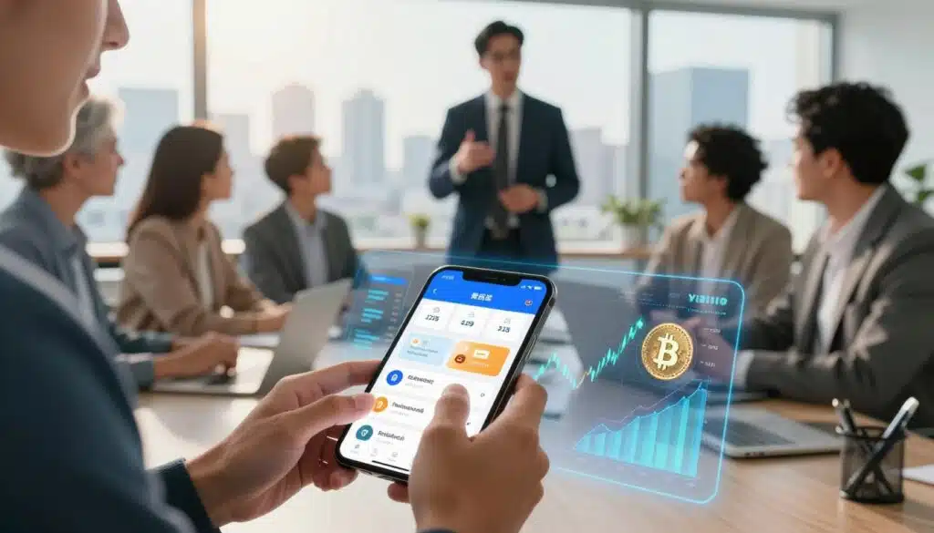 A visually engaging scene illustrating the benefits of investing in fractional Bitcoin. In the foreground, a close-up of a person's hands interacting with a digital device, showing a vibrant Bitcoin wallet app with diverse portfolio options, all set against a backdrop of sleek, modern financial graphics. In the middle ground, a confident professional, dressed in smart business attire, is discussing Bitcoin investments with a diverse group of attentive colleagues in a bright, contemporary office space. The background features large windows with a city skyline, symbolizing growth and opportunity. The lighting is bright and optimistic, casting a warm glow across the scene, evoking a sense of innovation and financial empowerment. The angle is slightly above eye level, capturing both the people and the digital elements effectively. A visually engaging scene illustrating the benefits of investing in fractional Bitcoin. In the foreground, a close-up of a person's hands interacting with a digital device, showing a vibrant Bitcoin wallet app with diverse portfolio options, all set against a backdrop of sleek, modern financial graphics. In the middle ground, a confident professional, dressed in smart business attire, is discussing Bitcoin investments with a diverse group of attentive colleagues in a bright, contemporary office space. The background features large windows with a city skyline, symbolizing growth and opportunity. The lighting is bright and optimistic, casting a warm glow across the scene, evoking a sense of innovation and financial empowerment. The angle is slightly above eye level, capturing both the people and the digital elements effectively.
