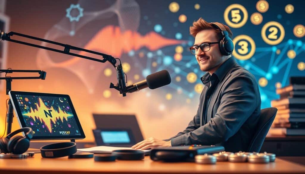 A visually engaging scene illustrating the intersection of NFTs and podcasting. In the foreground, a professional podcaster, wearing smart casual attire, sits at a sleek microphone setup with headphones, surrounded by colorful NFT art displayed on a digital tablet and a vibrant sound wave graphic emanating from the microphone. In the middle ground, stacks of podcast-related equipment, such as headphones, audio mixers, and laptops are organized neatly, suggesting a creative workspace. The background features an abstract representation of blockchain technology and digital assets, with glowing NFT tokens floating around. The lighting is warm and inviting, creating a focused atmosphere, with a slightly blurred depth of field that draws attention to the podcaster and their workspace.