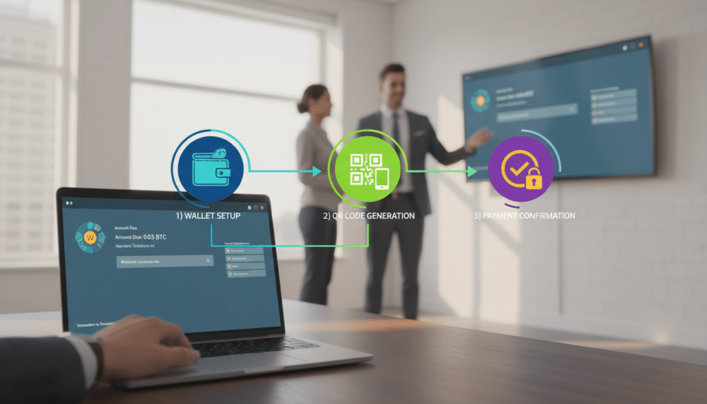 A visually engaging step-by-step illustration of crypto payment processing tailored for a business context. In the foreground, depict a sleek laptop displaying a cryptocurrency payment interface, with a hand confidently making selections. In the middle ground, include distinct steps represented as icons: 1) Wallet setup, 2) QR code generation, 3) Payment confirmation, with vibrant colors to enhance clarity. The background showcases a modern office environment with soft natural lighting, featuring a professional in business attire discussing this process with a client. The mood reflects innovation and professionalism, emphasizing the growing acceptance of cryptocurrency in everyday transactions. The scene should be well-composed, with a focus on workflow and user experience. A visually engaging step-by-step illustration of crypto payment processing tailored for a business context. In the foreground, depict a sleek laptop displaying a cryptocurrency payment interface, with a hand confidently making selections. In the middle ground, include distinct steps represented as icons: 1) Wallet setup, 2) QR code generation, 3) Payment confirmation, with vibrant colors to enhance clarity. The background showcases a modern office environment with soft natural lighting, featuring a professional in business attire discussing this process with a client. The mood reflects innovation and professionalism, emphasizing the growing acceptance of cryptocurrency in everyday transactions. The scene should be well-composed, with a focus on workflow and user experience.