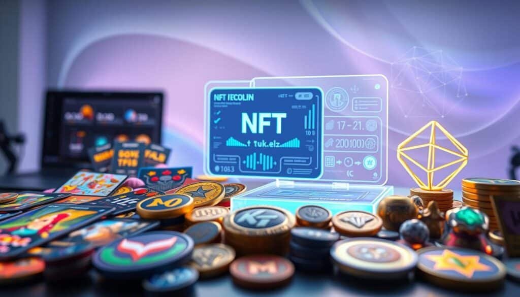 A visually enticing composition of NFT bundle components, showcasing various digital assets like vibrant artwork, collectible icons, and virtual goods. In the foreground, a detailed arrangement of NFT tokens, featuring colorful artwork and distinct designs illuminated by soft ambient lighting. The middle ground presents a sleek digital display interface, integrating a holographic representation of NFT bundling data with a futuristic touch. In the background, abstract patterns symbolize blockchain technology, with soft gradients blending light blues and purples, creating depth. The scene conveys a sense of innovation and excitement in a tech-focused atmosphere, captured from a slightly elevated angle, reminiscent of a modern workspace. The lighting emphasizes clarity and creativity, inviting viewers to explore the potential of NFT bundling.