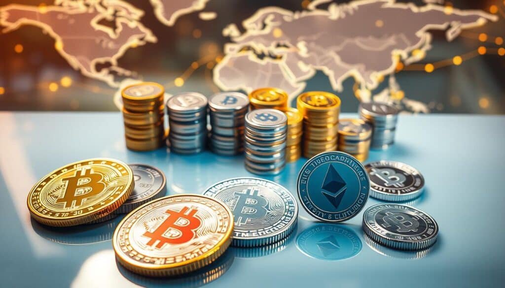 A visually striking assortment of tokens and coins representing various cryptocurrencies, displayed on a sleek, reflective surface. In the foreground, focus on colorful tokens with intricate designs, including popular icons like Bitcoin, Ethereum, and Litecoin. In the middle ground, arrange shiny coins stacked in pleasing patterns, showing depth and dimension. The background features a softly blurred out image of a digital world map with glowing lines, evoking a sense of global connectivity in the crypto space. Use warm, ambient lighting to create a welcoming, optimistic mood, while ensuring the overall atmosphere conveys professionalism and innovation. The angle should be a slightly elevated view, capturing both the coins and the backdrop harmoniously.