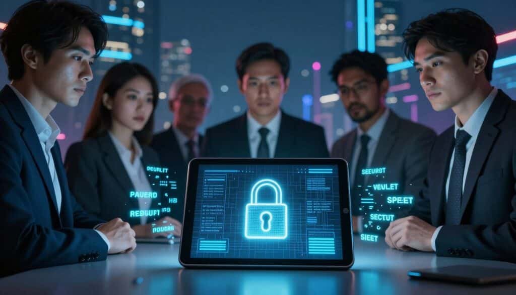 A visually striking composition highlighting the importance of a crypto wallet seed phrase. In the foreground, a digital tablet displays a locked wallet interface surrounded by glowing, floating seed phrases, symbolizing security. In the middle, a diverse group of professionals in business attire observe the tablet intently, their expressions a mix of curiosity and concentration. In the background, a futuristic cityscape illuminated by neon lights represents the digital economy and technology. Soft, ambient lighting enhances the scene, with a slight focus on the tablet to emphasize its significance. The mood is serious yet inspiring, capturing the essence of security in the cryptocurrency realm, inviting viewers to reflect on the critical role of seed phrases in protecting digital assets.