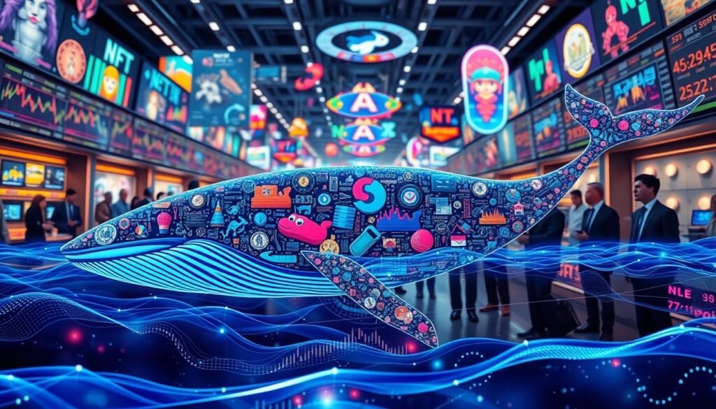 A visually striking composition illustrating the influence of NFT whales on the market. In the foreground, a futuristic, abstract representation of a whale composed of digital assets, such as iconic NFT art pieces and cryptocurrencies, swimming through a vibrant digital ocean. In the middle ground, a diverse group of professionals in smart business attire, gazing at screens displaying fluctuating NFT market graphs, symbolizing market sentiment and trading strategies. The background features a bustling virtual marketplace filled with colorful digital artwork and animated elements, reflecting a dynamic atmosphere of trading and investment. Soft, glowing neon lights create an engaging contrast, enhancing the sense of urgency and innovation in this evolving market space, captured from a slightly elevated angle to emphasize depth.