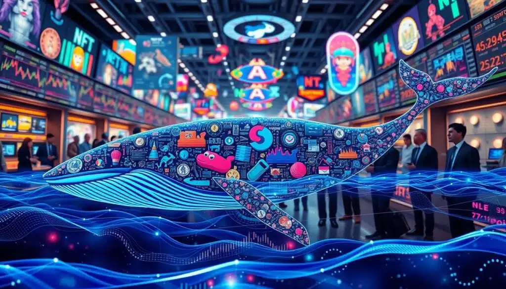 A visually striking composition illustrating the influence of NFT whales on the market. In the foreground, a futuristic, abstract representation of a whale composed of digital assets, such as iconic NFT art pieces and cryptocurrencies, swimming through a vibrant digital ocean. In the middle ground, a diverse group of professionals in smart business attire, gazing at screens displaying fluctuating NFT market graphs, symbolizing market sentiment and trading strategies. The background features a bustling virtual marketplace filled with colorful digital artwork and animated elements, reflecting a dynamic atmosphere of trading and investment. Soft, glowing neon lights create an engaging contrast, enhancing the sense of urgency and innovation in this evolving market space, captured from a slightly elevated angle to emphasize depth. A visually striking composition illustrating the influence of NFT whales on the market. In the foreground, a futuristic, abstract representation of a whale composed of digital assets, such as iconic NFT art pieces and cryptocurrencies, swimming through a vibrant digital ocean. In the middle ground, a diverse group of professionals in smart business attire, gazing at screens displaying fluctuating NFT market graphs, symbolizing market sentiment and trading strategies. The background features a bustling virtual marketplace filled with colorful digital artwork and animated elements, reflecting a dynamic atmosphere of trading and investment. Soft, glowing neon lights create an engaging contrast, enhancing the sense of urgency and innovation in this evolving market space, captured from a slightly elevated angle to emphasize depth.