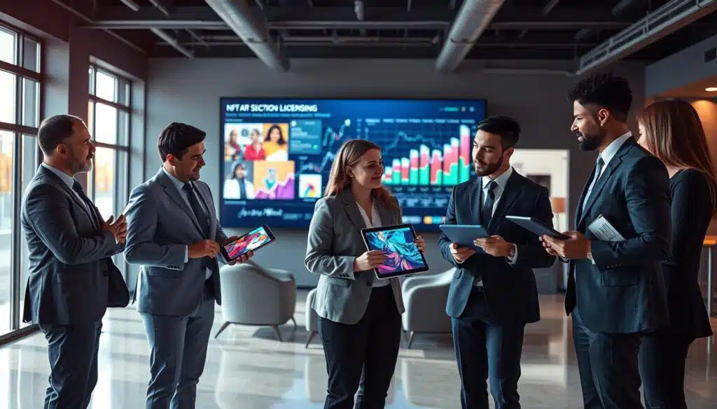 A visually striking depiction of "Introduction to NFT Art and Commercial Licensing." In the foreground, a diverse group of three professionals dressed in smart business attire, engaged in a discussion about NFT art displayed on digital tablets, showcasing vibrant, colorful artworks. The middle layer features a large digital screen with dynamic visuals of NFT art pieces and graphs representing market trends, symbolizing the intersection of art and technology. In the background, a contemporary office space with sleek furniture and large windows that let in warm, natural light, creating an inviting atmosphere. The overall mood conveys innovation and creativity, highlighting the burgeoning field of NFT art and its licensing opportunities, captured with bright, vivid colors and a slightly elevated angle to emphasize the professionals collaborating.