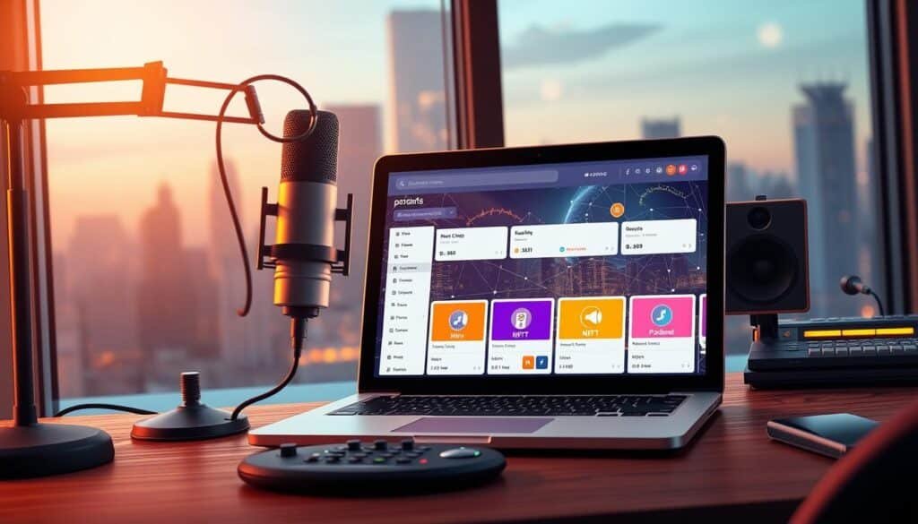 A visually striking illustration depicting the concept of NFTs for podcast monetization. In the foreground, a stylish podcast studio setup featuring a sleek microphone, headphones, and a laptop displaying digital artwork of NFTs. The midground should showcase a virtual marketplace with colorful NFT icons representing audio clips and podcast episodes, emphasizing their value. In the background, a modern city skyline, subtly hinting at the digital revolution in the media landscape. Soft, warm lighting fills the scene, creating an inviting atmosphere, while a slight lens blur adds focus to the forefront elements. The overall mood is professional yet creative, highlighting innovation and opportunity in podcasting with NFTs.