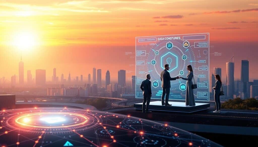 A visually striking illustration depicting the evolution of DAO security and governance models with an emphasis on AI integration. In the foreground, feature a futuristic digital ledger displaying secure smart contracts and algorithms, glowing softly. In the middle ground, show diverse professionals in business attire collaborating around a holographic interface that visualizes decentralized decision-making processes. The background should display a skyline of a modern city, symbolizing innovation and technology, under a vibrant sunset that casts warm and inviting light. The overall atmosphere should convey a sense of progress, cooperation, and advanced technology, with a focus on clarity and professionalism. Capture this scene from a slightly elevated angle, highlighting the interactions and data flow within the DAO ecosystem. A visually striking illustration depicting the evolution of DAO security and governance models with an emphasis on AI integration. In the foreground, feature a futuristic digital ledger displaying secure smart contracts and algorithms, glowing softly. In the middle ground, show diverse professionals in business attire collaborating around a holographic interface that visualizes decentralized decision-making processes. The background should display a skyline of a modern city, symbolizing innovation and technology, under a vibrant sunset that casts warm and inviting light. The overall atmosphere should convey a sense of progress, cooperation, and advanced technology, with a focus on clarity and professionalism. Capture this scene from a slightly elevated angle, highlighting the interactions and data flow within the DAO ecosystem.