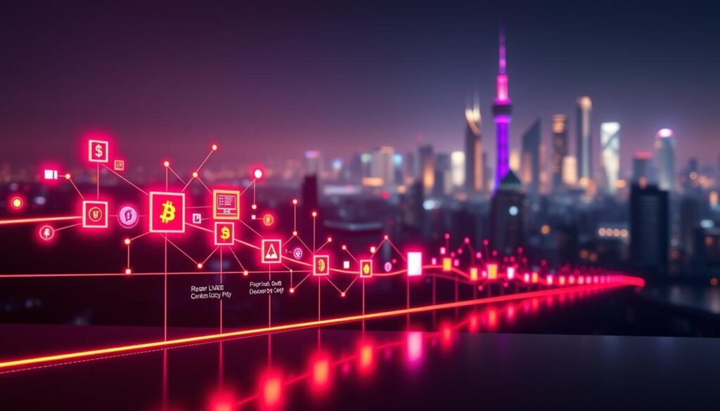 A visually striking illustration of a blockchain technology evolution timeline, featuring a series of interconnected nodes and chains represented as glowing digital blocks. In the foreground, a stylized timeline with key milestones marked by icons, such as the creation of Bitcoin, smart contracts, and decentralized finance. The middle section showcases abstract representations of cryptocurrencies and financial data flows, with vibrant colors emphasizing technological progress. The background fades into a futuristic city skyline, illuminated by soft neon lights, symbolizing the integration of blockchain in various sectors, particularly finance. The mood is optimistic and innovative, with a polished, professional atmosphere that highlights the relevance of blockchain technology for secure retirement management. The lighting is bright and focused, enhancing the details of the timeline and its elements, viewed from a slightly angled perspective for depth.