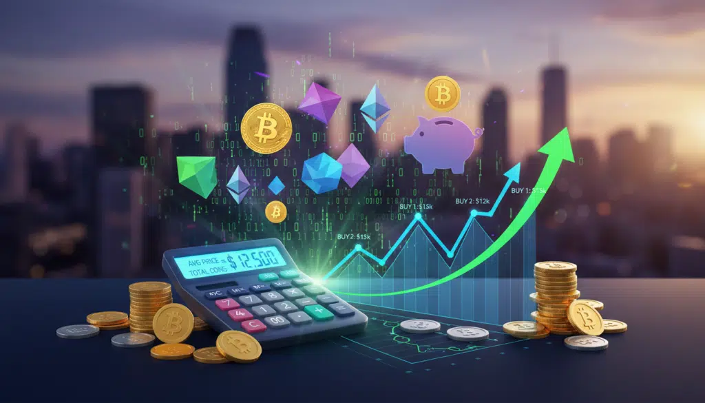 A visually striking illustration of cryptocurrency fundamentals through the concept of Dollar Cost Averaging (DCA). In the foreground, a stylized calculator displaying digital numbers symbolizing cryptocurrency values is surrounded by coins and graphical line charts showing upward trends. The middle ground features abstract representations of various cryptocurrencies like Bitcoin and Ethereum in vibrant colors, blending with binary code patterns. The background portrays a blurred cityscape skyline at dusk, with soft, warm lighting enhancing the atmosphere of financial empowerment. Use a wide-angle lens effect to create depth, focusing on the calculator and charts, and ensure a professional, optimistic mood throughout the image, encouraging understanding of financial strategies.