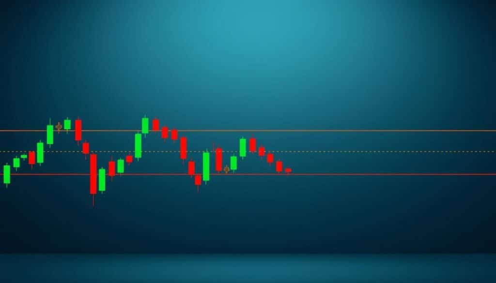 A visually striking illustration of support and resistance levels in a cryptocurrency trading chart. The foreground features a dynamic candlestick chart with vibrant green and red candles, highlighting price movements. In the middle, clearly defined horizontal lines indicate support and resistance levels, drawn in contrasting colors to stand out against the chart. The background should display subtle gradients of blue and grey to enhance focus on the chart elements. Dim lighting emphasizes a professional atmosphere, while a slightly angled perspective adds depth. The overall mood conveys analytical precision and strategic insight, aimed at traders seeking to maximize profits through understanding market fundamentals.