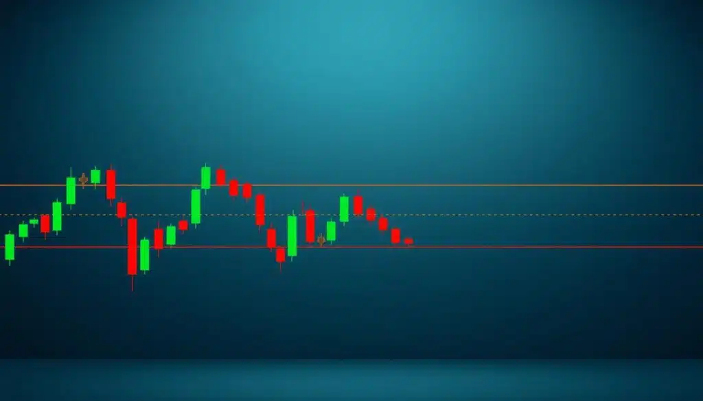 A visually striking illustration of support and resistance levels in a cryptocurrency trading chart. The foreground features a dynamic candlestick chart with vibrant green and red candles, highlighting price movements. In the middle, clearly defined horizontal lines indicate support and resistance levels, drawn in contrasting colors to stand out against the chart. The background should display subtle gradients of blue and grey to enhance focus on the chart elements. Dim lighting emphasizes a professional atmosphere, while a slightly angled perspective adds depth. The overall mood conveys analytical precision and strategic insight, aimed at traders seeking to maximize profits through understanding market fundamentals.