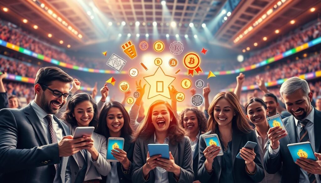 A visually striking illustration of the concept "fan token benefits access rewards" in the context of sports NFTs. In the foreground, depict a diverse group of fans in professional business attire, excitedly interacting with digital devices that display vibrant, animated fan tokens on their screens. In the middle ground, feature stylized icons representing various rewards, such as VIP experiences, merchandise, and exclusive content, swirling around them. The background should be a lively sports stadium, filled with cheering fans and dynamic lighting that creates an exhilarating atmosphere. Use soft focus for the background to emphasize the fans in the foreground, with bright, engaging colors that evoke energy and enthusiasm. The overall mood should be uplifting and celebratory, capturing the essence of sports fandom and community.