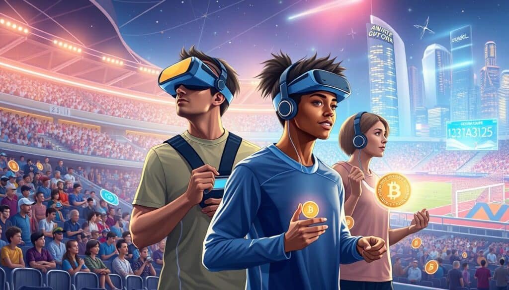 A visually striking illustration portraying the evolution of blockchain technology in sports. In the foreground, depict a futuristic stadium filled with fans wearing virtual reality headsets, engaged in real-time data analysis. In the middle ground, show diverse athletes—both male and female—using wearable tech that displays blockchain information, while holding smart contracts and digital tokens. The background features a vibrant cityscape with holographic displays of blockchain-led innovations in sports. The scene is illuminated with ethereal lighting to create an exciting, forward-thinking atmosphere, with a focus on clear, crisp details. The angle should be slightly elevated to capture the dynamic interaction among the figures, emphasizing collaboration and innovation within a modern sports context.