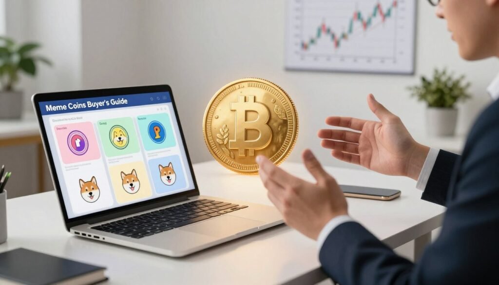 A visually striking image depicting a "Meme Coins Buyer's Guide." In the foreground, a stylish, modern desk with a laptop open to a colorful infographic about meme coins, showcasing logos like Dogecoin and Shiba Inu. A pair of hands, dressed in professional business attire, gestures towards the screen, as if explaining key points. In the middle, a large, round coin resembling a popular meme coin, gleaming under warm light, draws attention. The background features a minimalist office setting with a financial chart on the wall and a potted plant to add greenery. Soft, natural lighting creates an inviting atmosphere, with a focus on clarity and professionalism. The mood is educational and optimistic, emphasizing the potential in the world of meme coins.