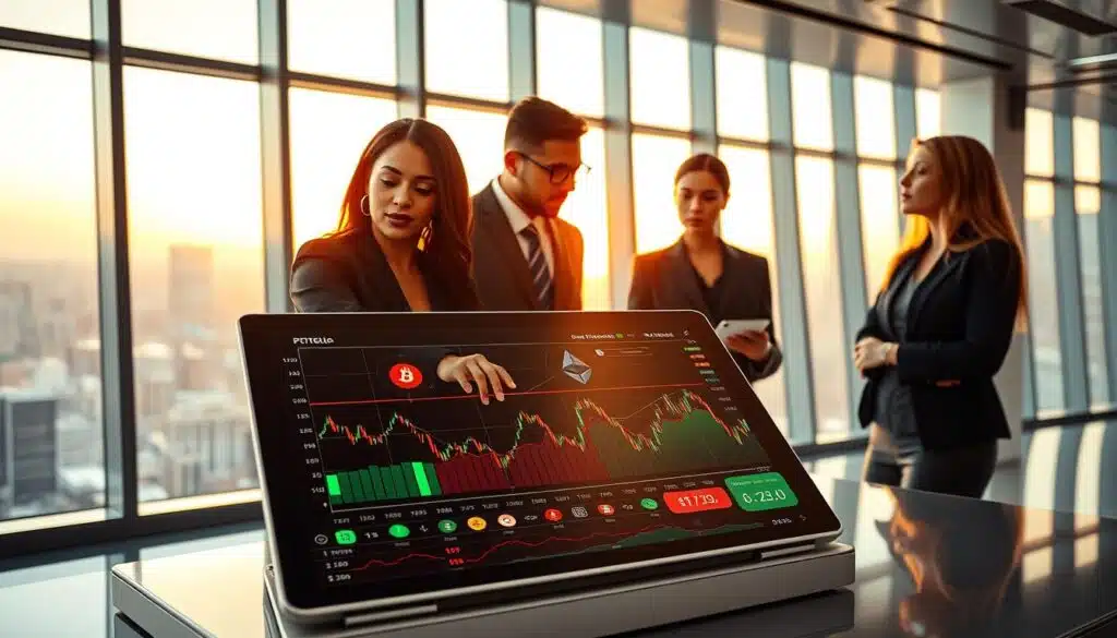 A visually striking image depicting a crypto portfolio diversification theme. In the foreground, an elegant, modern digital device displays colorful graphs and icons representing various cryptocurrencies, such as Bitcoin, Ethereum, and altcoins, with green and red indicators showcasing fluctuations. In the middle ground, a diverse group of three professionals in smart business attire—comprising a Black woman, a Hispanic man, and a Caucasian woman—engages in a discussion, analyzing the data on the device. The background features a sleek, futuristic office with large windows overlooking a city skyline at sunrise, casting warm natural light into the scene. The atmosphere is focused and collaborative, embodying the spirit of strategic investment and sound financial planning in the cryptocurrency market.