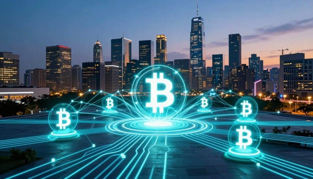 A visually striking image representing the Bitcoin Lightning Network, showcasing a high-tech city skyline at dusk in the background. The foreground features a network of luminous pathways, symbolizing rapid Bitcoin transactions interconnected like electrical circuits. The middle ground includes stylized Bitcoin symbols glowing brightly, connected by thin, glowing lines that resemble neural networks. Bright neon blues and greens illuminate the scene, with dynamic lighting reflecting off futuristic buildings to create a vibrant atmosphere. The overall mood is optimistic and progressive, perfect for illustrating the innovative nature of the Lightning Network in modern finance. The angle captures a wide shot, emphasizing both the complexity and beauty of this digital payment revolution.