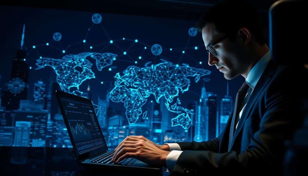 A visually striking overview of money laundering in cryptocurrency, featuring a high-tech financial setting. In the foreground, a professional in business attire types on a laptop displaying cryptocurrency charts, focusing intently. The middle layer showcases a digital map with glowing connections, representing illicit cryptocurrency transactions across the globe. In the background, abstract representations of blockchain networks weave through a shadowy cityscape, illustrating complexity and anonymity in crypto. Dramatic lighting casts blue and green hues, enhancing a sense of intrigue and urgency. The atmosphere conveys both sophistication and caution, highlighting the duality of innovation and risk in the digital currency world.