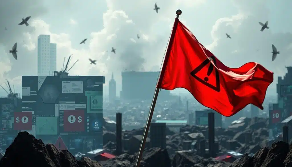 A visually striking representation of NFT project red flags, set in a contemporary digital landscape. In the foreground, a large, ominous red flag billows, prominently featuring symbols like a skull, an exclamation mark, and dollar signs, depicting warning signs. The middle ground includes distorted digital artwork and broken blockchain icons that symbolize failed projects. The background is a chaotic blend of abstract technological elements, such as glitch patterns and pixelated ruins, illustrating the concept of instability in the NFT space. Use dramatic, high-contrast lighting to enhance the mood of urgency and caution, with a slight vignette effect to focus on the flags. Capture this scene from a slightly elevated angle to give depth and perspective, conveying a sense of foreboding and awareness.