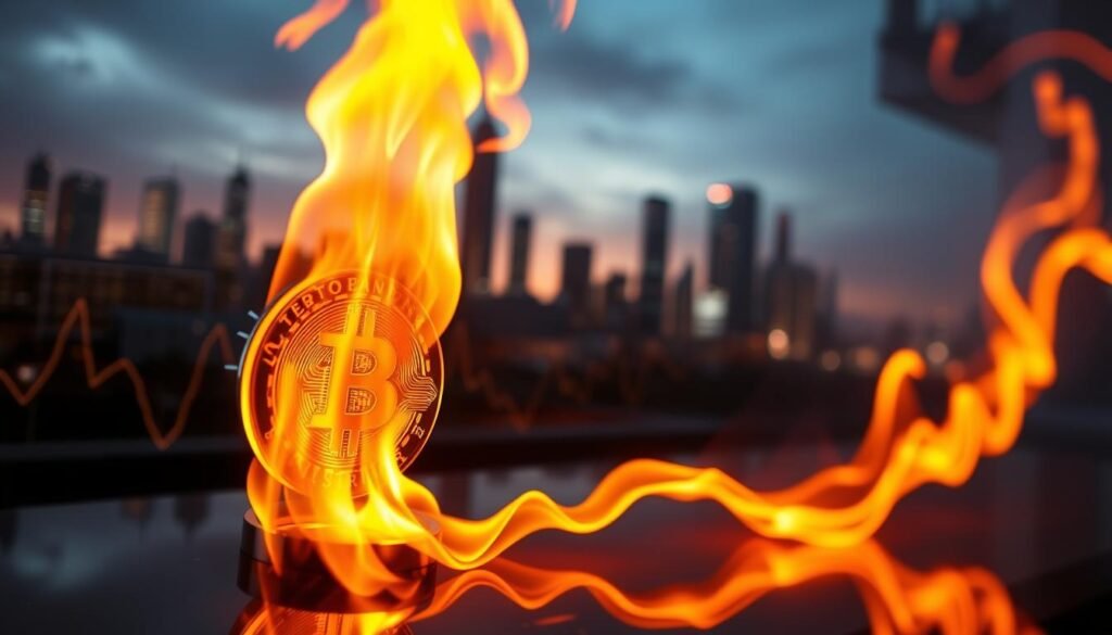 A visually striking representation of a cryptocurrency token burn ecosystem. In the foreground, depict a digital flame engulfing a shiny cryptocurrency token, its surface reflecting a vibrant glow. The middle ground features sleek, modern financial charts displaying a downward trajectory, symbolizing the reduction in supply. In the background, a futuristic city skyline with towering skyscrapers suggests technological advancement and a thriving economy. Use dynamic lighting to emphasize the flames and reflections on the token, with a slight blur effect on the background to draw focus. The atmosphere should convey a sense of urgency and transformation, encapsulating the essence of token burns in the cryptocurrency world. Capture this scene with a wide-angle lens to create depth and engagement.