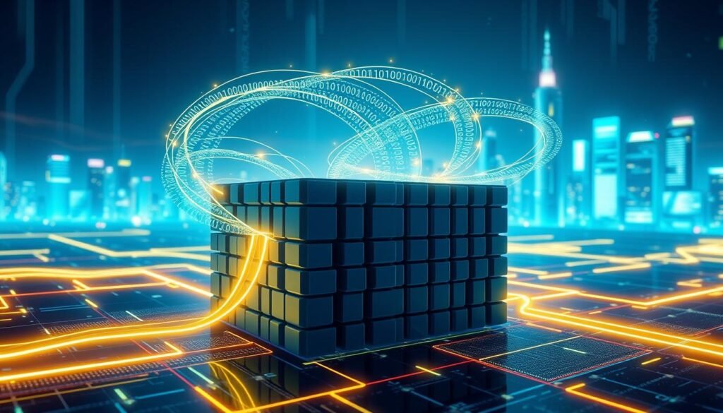 A visually striking representation of blockchain data compression methods in a futuristic digital environment. In the foreground, illustrate a 3D representation of a blockchain structure composed of interconnected blocks, showcasing compressed data flow using bright, luminescent pathways. The middle layer features data streams depicted as flowing binary code, swirling around the blockchain, symbolizing the compression process. In the background, a high-tech cityscape with a glowing skyline represents innovation and technology. Utilize vibrant colors with a cool blue and green palette, complemented by soft neon highlights. The lighting should be dynamic, casting a slight glow on the blockchain model, creating a sense of depth and complexity. Capture the mood of technological advancement and efficiency, emphasizing clarity and sophistication.