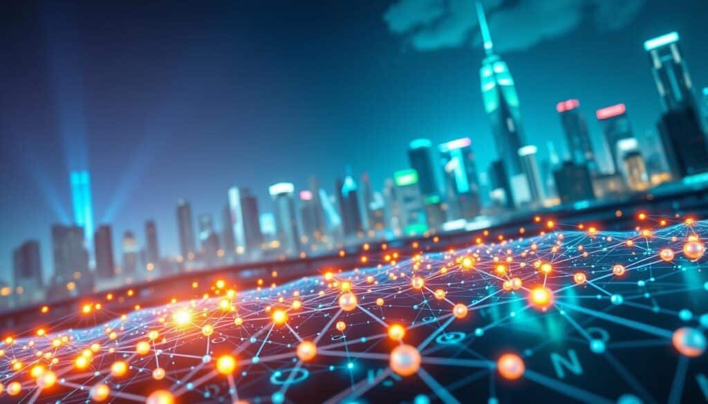 A visually striking representation of blockchain distributed ledger technology, featuring a network of glowing interconnected nodes in the foreground, symbolizing data points linked in a blockchain. The middle ground displays a partially transparent digital ledger, with intricate lines of code flowing through it, and vibrant visualizations of encrypted transactions. In the background, a futuristic city skyline bathed in ethereal blue and green lighting, conveying an atmosphere of innovation and technological advancement. The composition is captured from a dynamic low angle, enhancing the sense of depth and perspective. The overall mood is futuristic and professional, highlighting the theme of technological evolution and investment potential in blockchain infrastructure. A visually striking representation of blockchain distributed ledger technology, featuring a network of glowing interconnected nodes in the foreground, symbolizing data points linked in a blockchain. The middle ground displays a partially transparent digital ledger, with intricate lines of code flowing through it, and vibrant visualizations of encrypted transactions. In the background, a futuristic city skyline bathed in ethereal blue and green lighting, conveying an atmosphere of innovation and technological advancement. The composition is captured from a dynamic low angle, enhancing the sense of depth and perspective. The overall mood is futuristic and professional, highlighting the theme of technological evolution and investment potential in blockchain infrastructure.