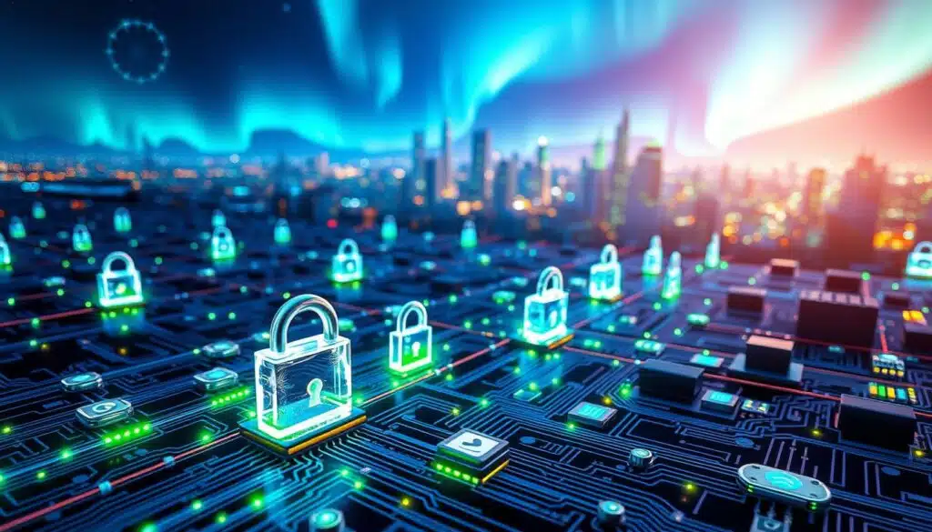 A visually striking representation of blockchain security audit components, showcasing a digital landscape. In the foreground, a detailed 3D rendering of interconnected blockchain nodes and transparent locks symbolizing security, glowing with vibrant blue and green lights. The middle ground features a network of computer circuits and digital security icons, such as shields and checkmarks, intricately woven into a matrix pattern. In the background, a cybernetic skyline filled with skyscrapers, under a night sky illuminated by a digital aurora. The scene is lit with ambient blue and white lighting, creating a futuristic, high-tech atmosphere. The angle is slightly elevated to emphasize the complex interplay of security elements within a blockchain context.