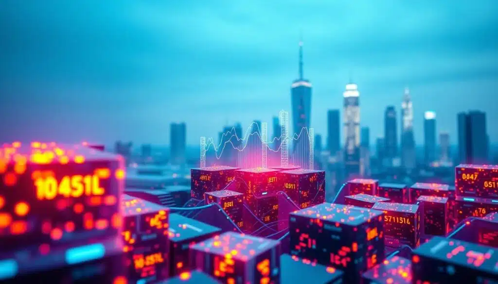 A visually striking representation of blockchain transparency with vivid on-chain data visualizations. In the foreground, intricate digital blocks illuminate, showcasing flowing data streams and transaction codes in bright neon colors. The middle layer features abstract graphs and charts dynamically rising from the blocks, representing real-time market trends and analytics. The background shows a futuristic city skyline framed with blue tones, symbolizing digital innovation. Soft, ambient lighting casts gentle glows around the digital elements, creating a sense of clarity and possibility. The angle should be slightly tilted upward, enhancing the depth and highlighting the technological aspect. The overall mood is optimistic and forward-looking, emphasizing the power of blockchain technology in deciphering market movements.