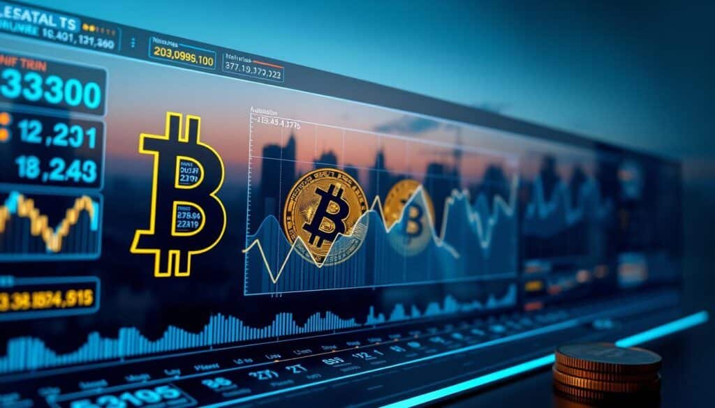 A visually striking representation of macroeconomic interest rates impacting Bitcoin prices. In the foreground, a futuristic digital dashboard displaying fluctuating interest rates alongside a bold Bitcoin symbol, illuminated softly in blue and gold hues. The middle layer features abstract graphs and charts, intertwining with Bitcoin coins, depicting volatility and trends, set against a backdrop of a city skyline at dusk, signaling economic activity. The background includes subtle, blurred silhouettes of skyscrapers, creating a sense of depth and dynamism. The overall atmosphere is analytical and modern, with soft ambient lighting emphasizing the contrast between traditional finance and cryptocurrency. Capture this imagery using a wide-angle lens, focusing on sharp detail with a slightly blurred background for an immersive effect.