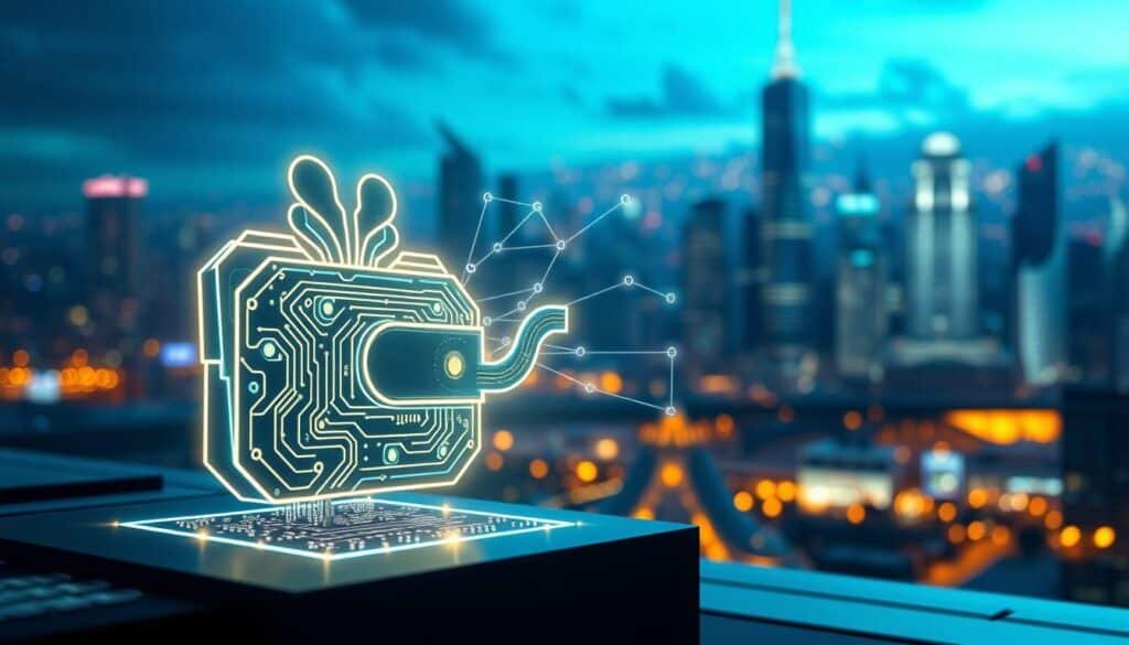 A visually striking representation of on-chain data transparency in the context of blockchain technology. In the foreground, a stylized, digital wallet icon, intricately designed with glowing circuits and blockchain symbols, suggests the concept of NFT whale wallets. In the middle, an array of transparent data streams interconnects the wallet to various blockchain nodes, symbolizing transparency and connectivity in real time. The background features a futuristic cityscape, illuminated by neon lights, portraying a high-tech digital world. Soft, ethereal lighting casts a blue and green glow, creating a sense of innovation and trust. The overall mood should be optimistic and progressive, emphasizing the importance of tracking wallet activities in the evolving blockchain landscape.