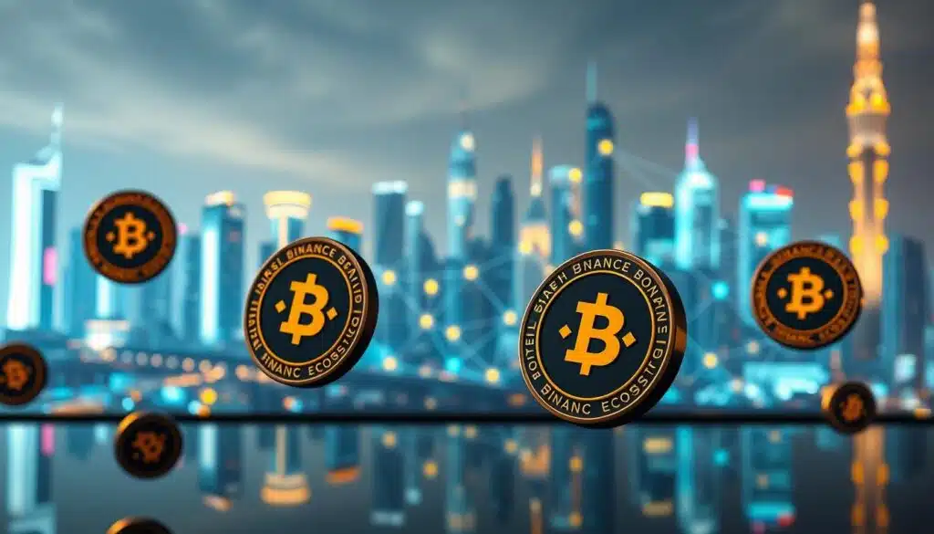 A visually striking representation of the Binance Smart Chain token ecosystem. In the foreground, sleek digital tokens and coins float, each displaying the Binance logo, reflecting their significance in the blockchain landscape. In the middle, a vibrant network of interconnected lines and nodes symbolizes the decentralized ecosystem, showcasing various tokens and their interactions. The background features a futuristic cityscape with glowing skyscrapers, representing innovation and growth within the crypto space. Soft, ethereal lighting illuminates the scene, casting gentle reflections on the tokens, creating a sense of depth and dynamism. The mood is optimistic and forward-looking, evoking excitement about the potential of blockchain technology.
