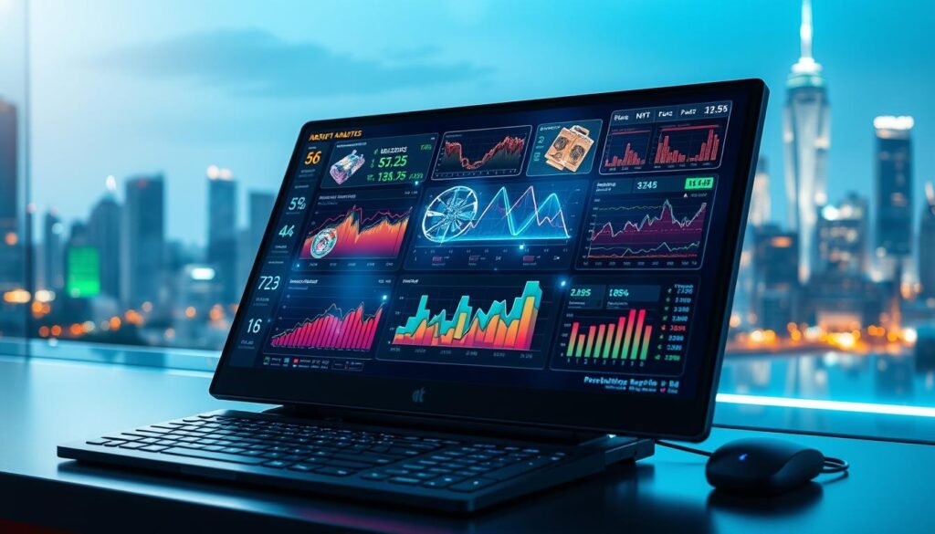 A visually striking representation of the NFT analytics market trends, focusing on futuristic digital graphs and charts depicting rising statistics and market fluctuations. In the foreground, a sleek, modern computer with a detailed dashboard displaying vibrant, colorful analytics visuals. The middle layer features holographic projections of NFTs, including artwork and collectibles, interspersed with data points and performance metrics. In the background, a city skyline subtly illuminated by the glow of digital screens, showcasing a cutting-edge technological atmosphere. Soft blue and green lighting creates a professional and optimistic mood. The perspective captures the scene from a slight upward angle to emphasize growth and innovation, while maintaining clarity and focus without any text or overlays.